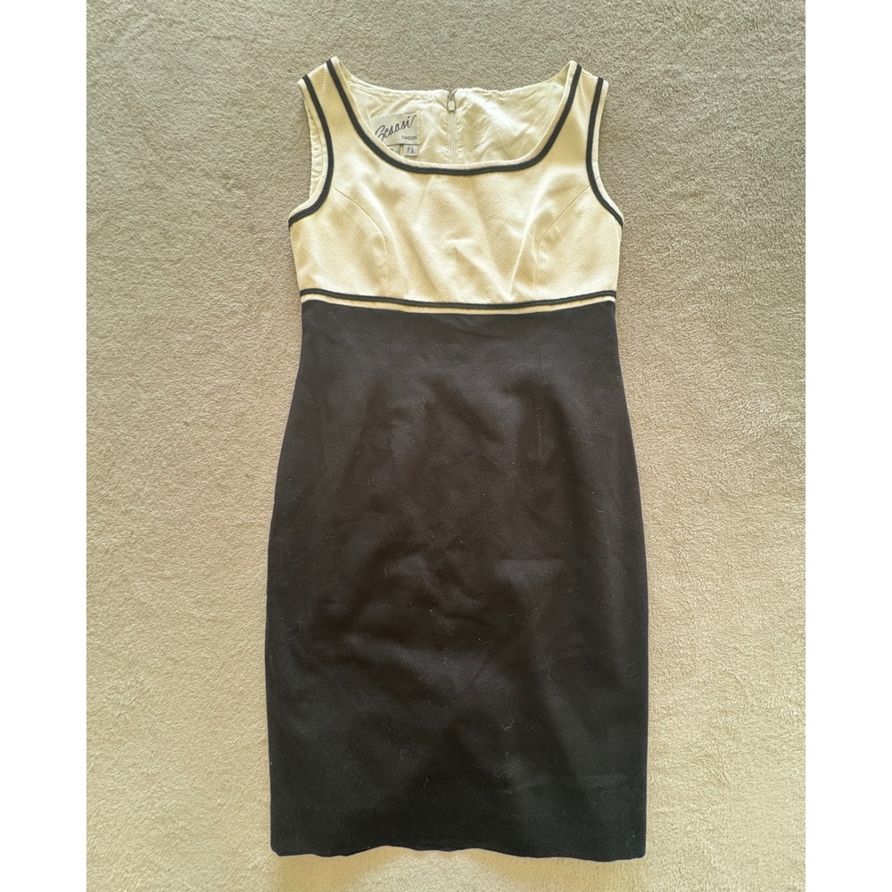 Scaasi Dress Black Cream Color Block Sheath Knee Length Sleeveless Zipper Size 6
